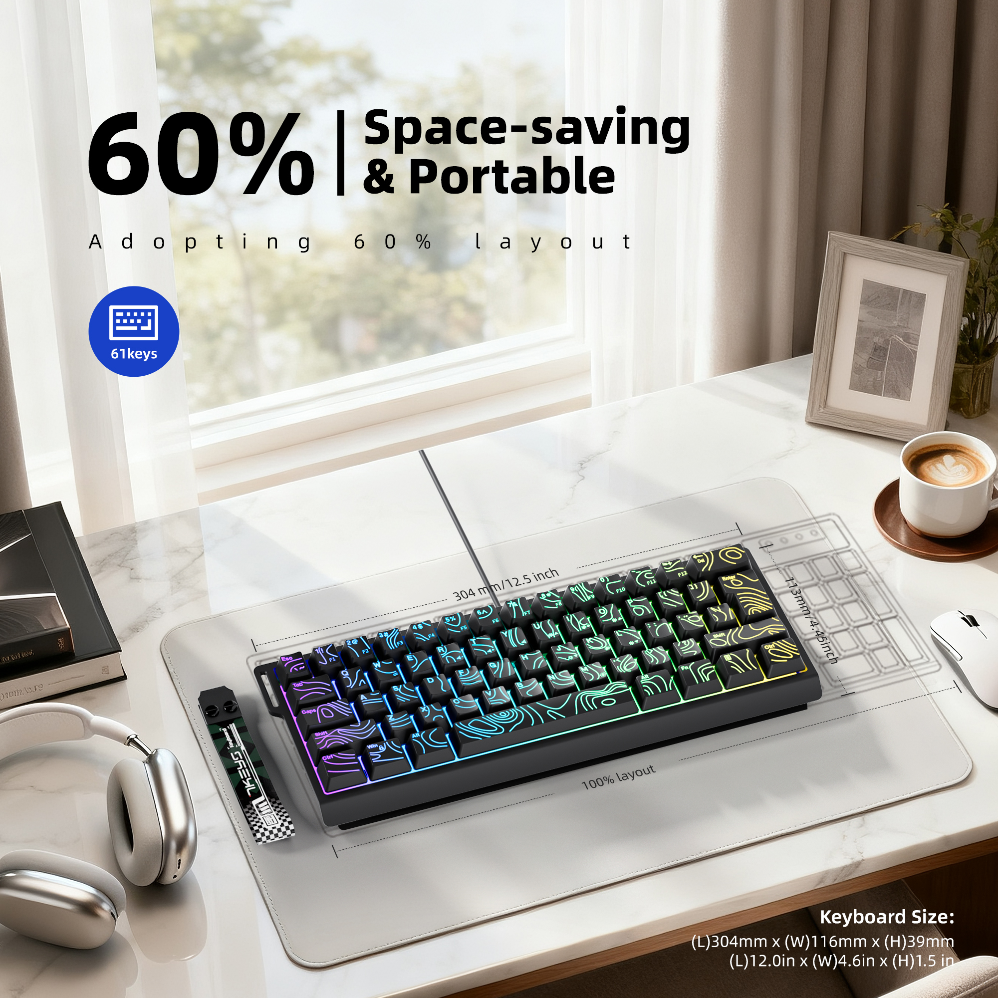 60% compact wired keyboard wit - Gaming Keyboard Blue Switches avaliação e preço