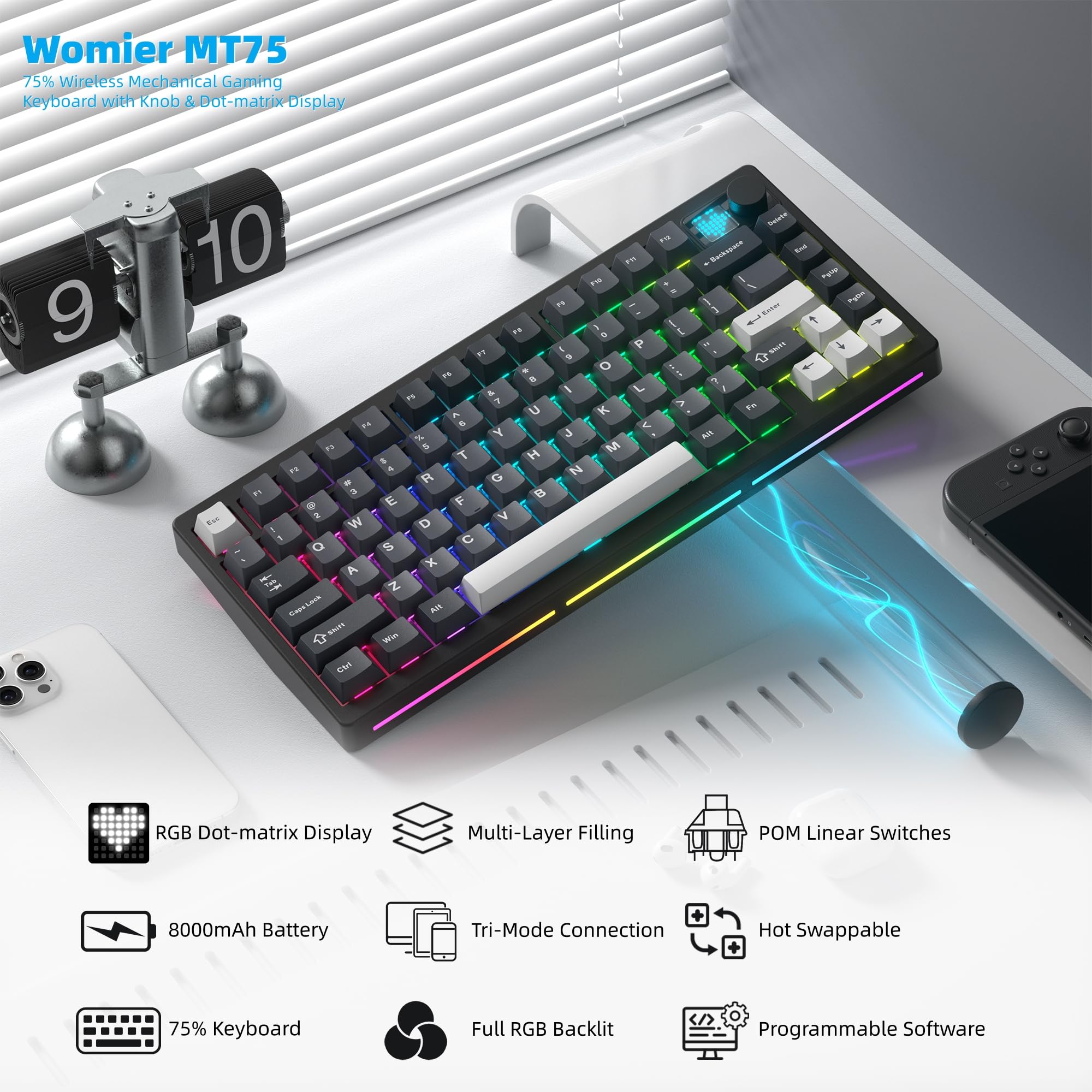 Womier MT75 Wireless Mechanica - Gaming Keyboard Thocky avaliação e preço